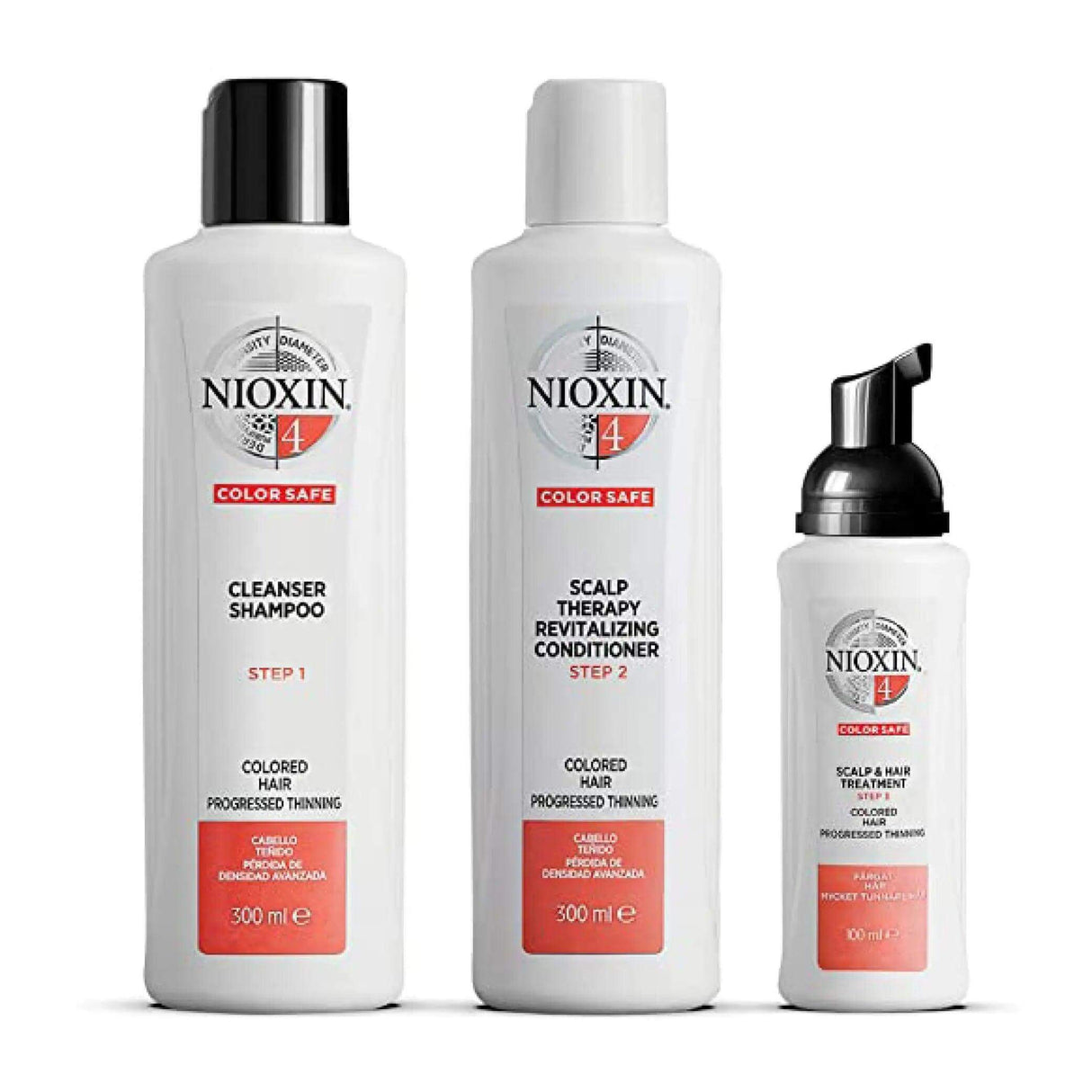 Nioxin System 4 Kit for color-treated thinning hair, featuring shampoo, conditioner, and hair treatment, enhances fullness and color protection.
