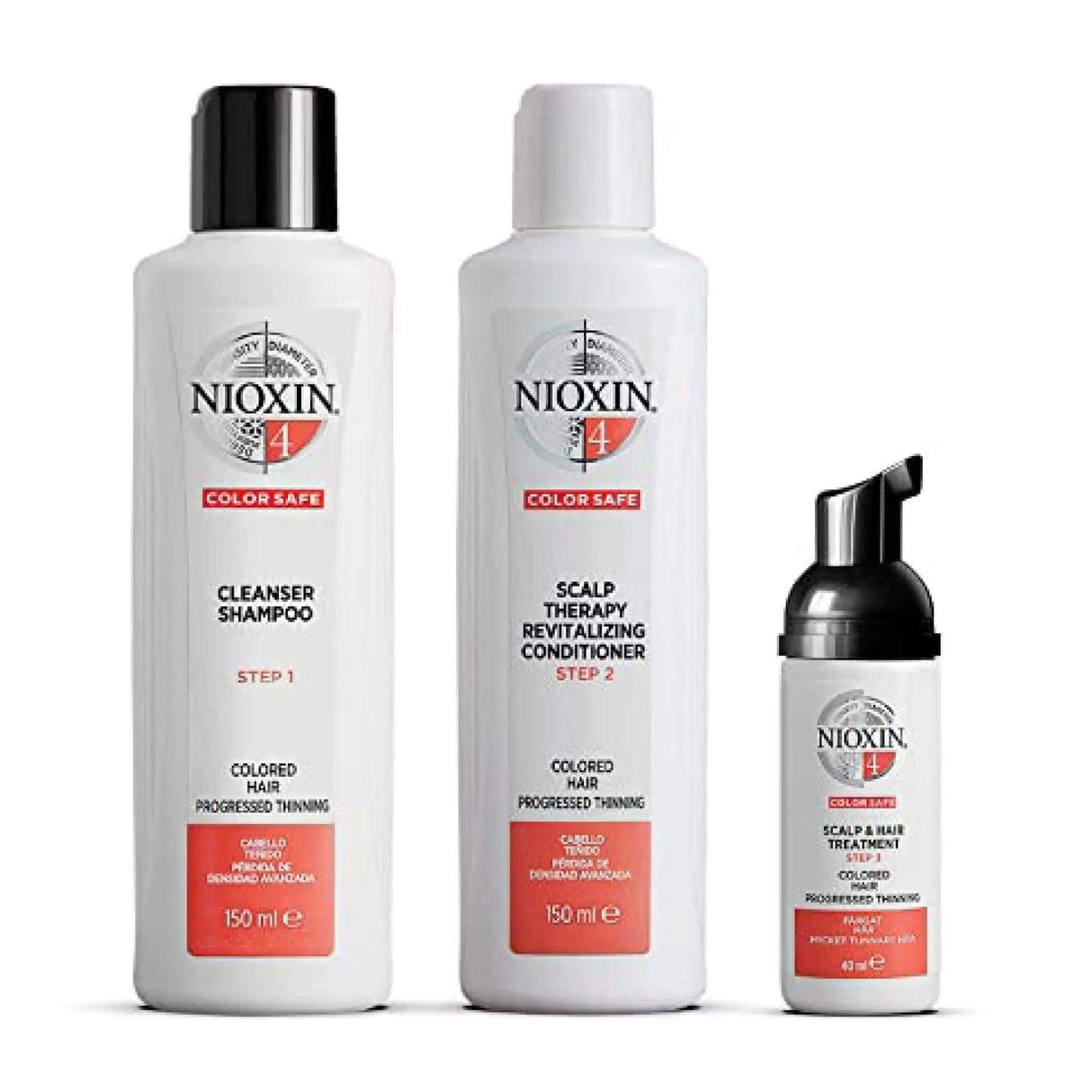 Nioxin System 4 Hair Care Kit for color-treated thinning hair, includes cleanser shampoo, revitalizing conditioner, and scalp treatment.