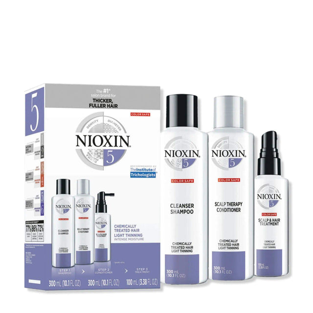 Nioxin Hair Care Kit System 5 for chemically treated hair with thinning, includes shampoo, conditioner, and scalp treatment.
