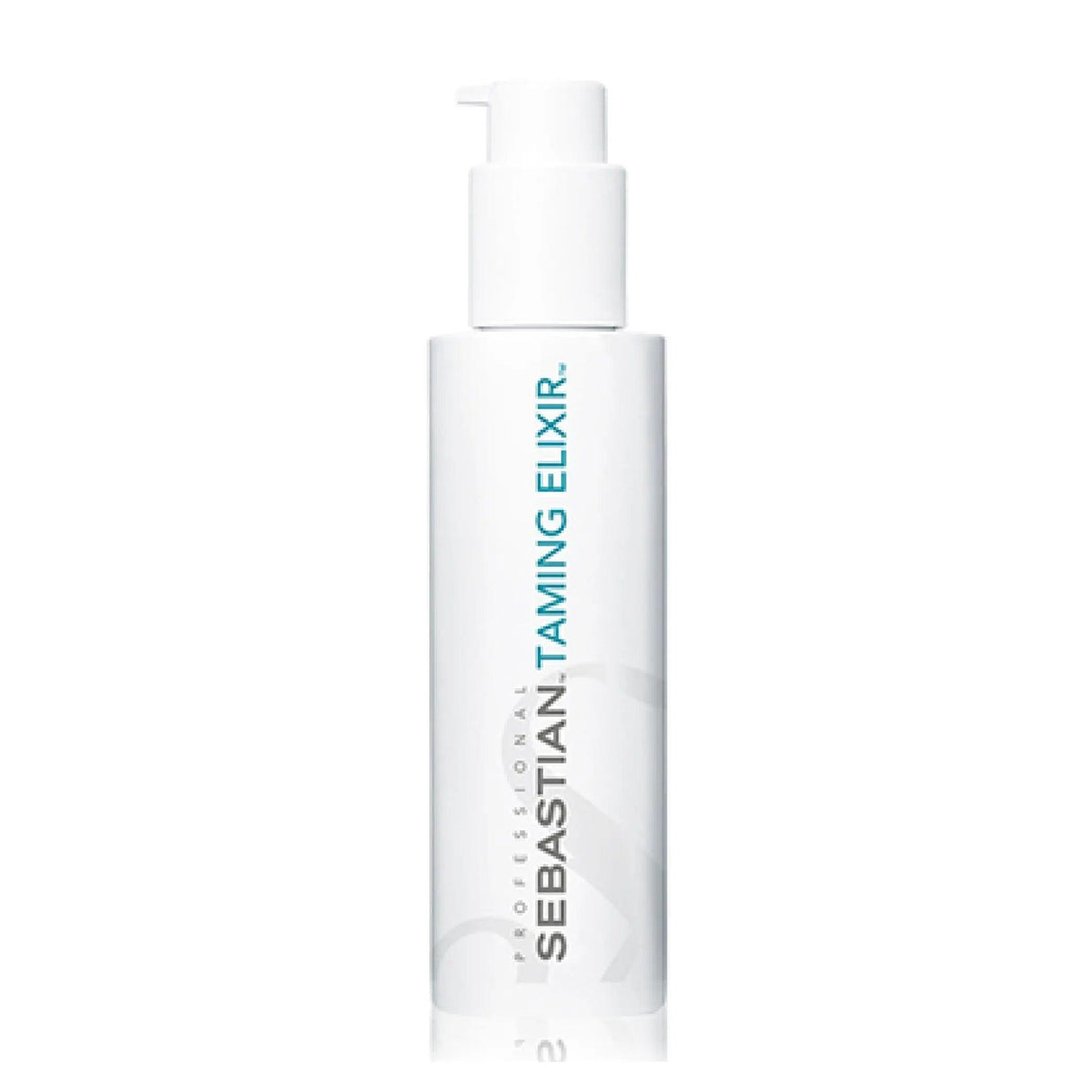 Sebastian Taming Elixir bottle with pump for lightweight frizz control, enriched with avocado oil, offering thermal protection.