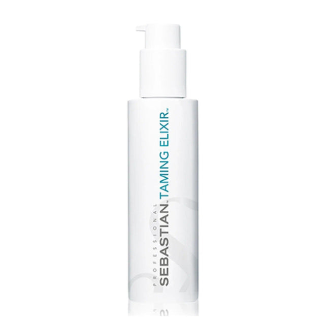 Sebastian Taming Elixir bottle with pump for lightweight frizz control, enriched with avocado oil, offering thermal protection.