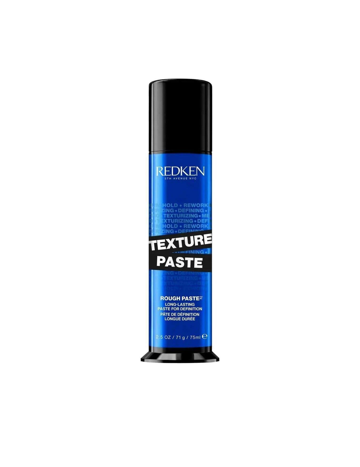 Redken Texture Paste for texture, definition, and flexible hold, suitable for all hair types and textures in a sleek black and blue packaging.