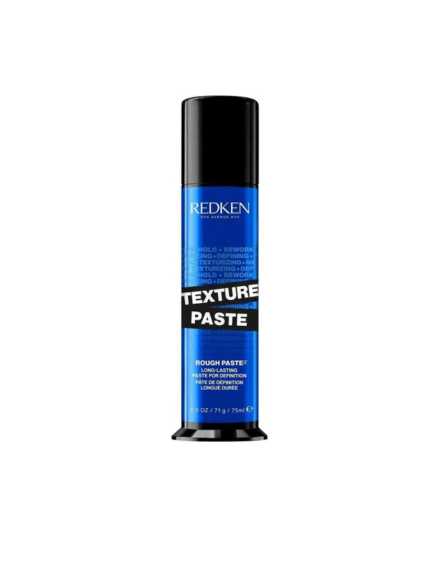 Redken Texture Paste for texture, definition, and flexible hold, suitable for all hair types and textures in a sleek black and blue packaging.