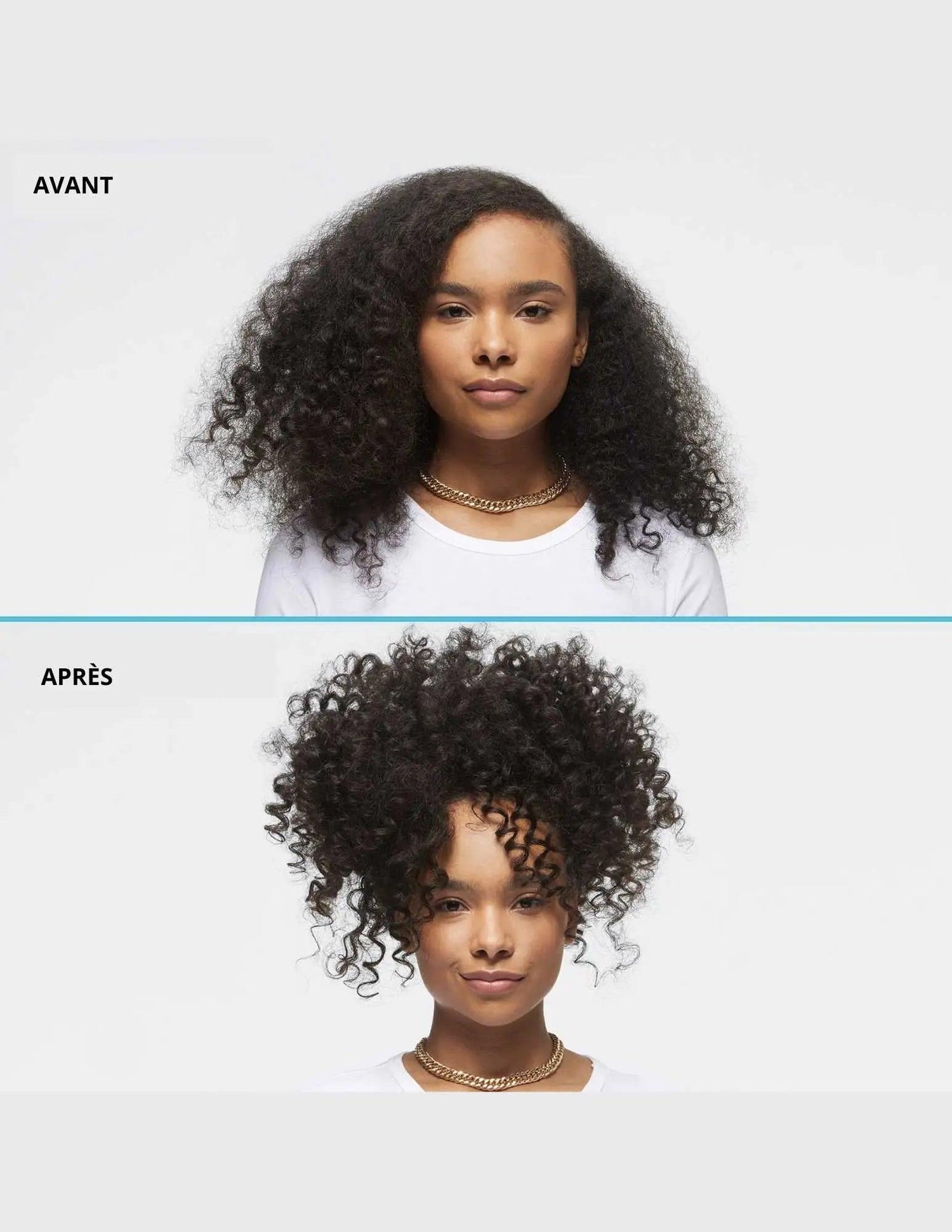 Texture Paste before and after results on curly hair, enhancing definition and volume. Front-facing view of model for display.