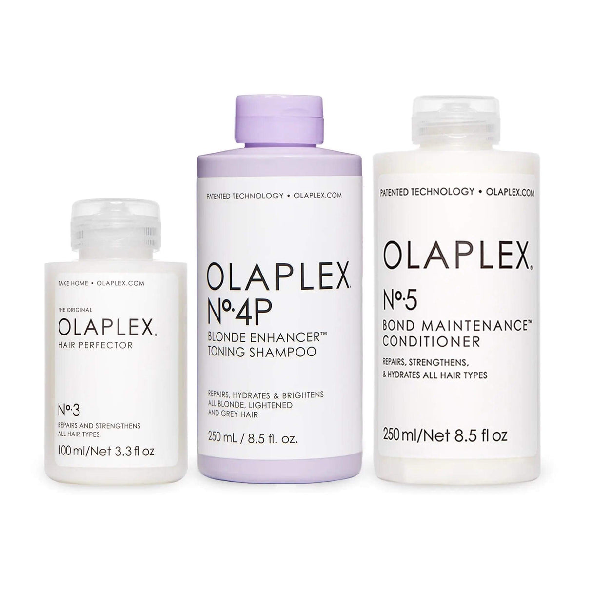 Olaplex Blonde Maintenance System with No. 3 Hair Perfector, No. 4P Toning Shampoo, and No. 5 Bond Maintenance Conditioner.