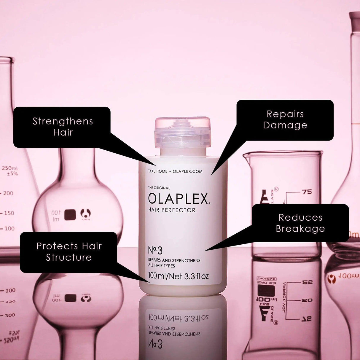 Nº.3 Hair Perfector bottle with scientific beakers, highlighting benefits: strengthens hair, repairs damage, reduces breakage.