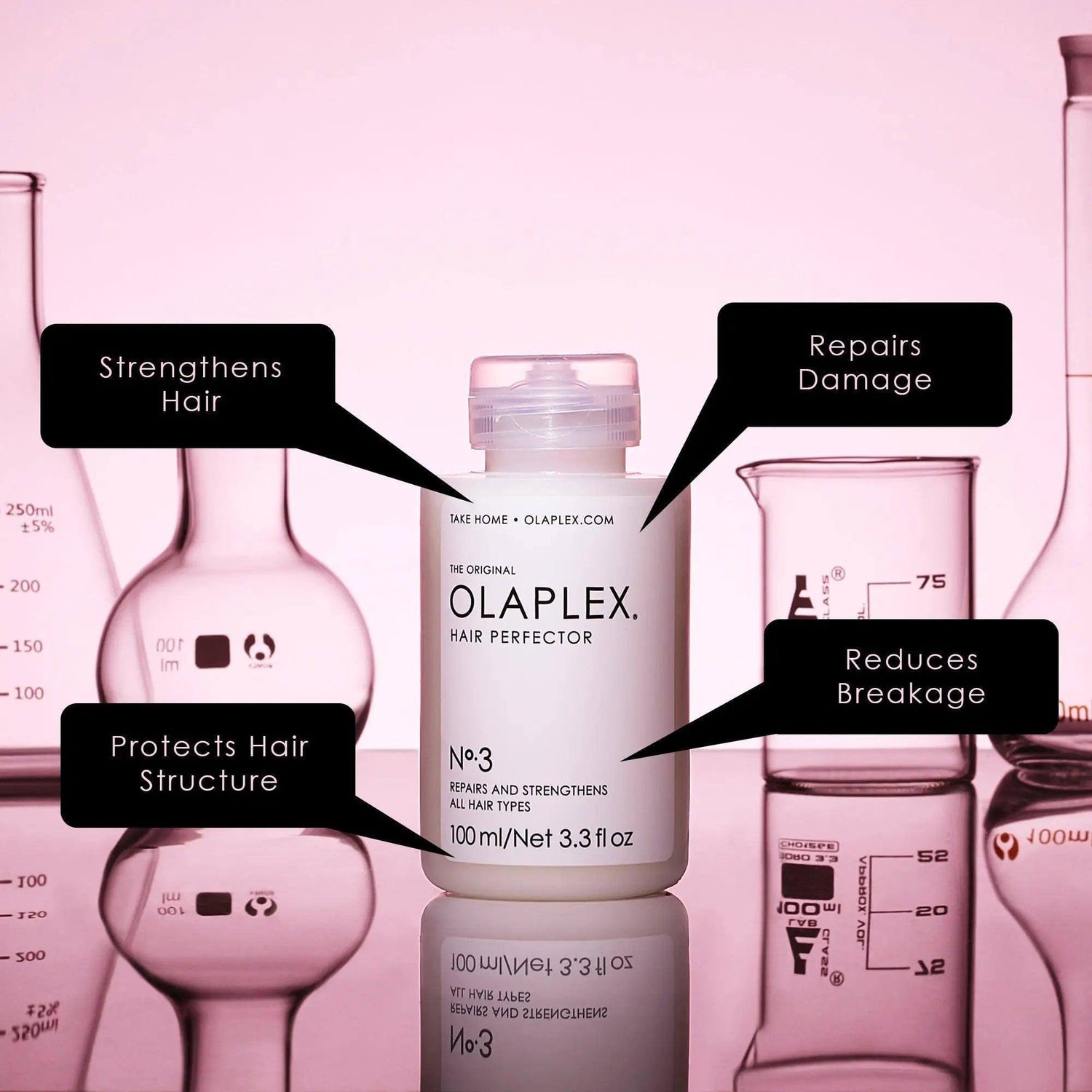 Nº.3 Hair Perfector bottle with scientific beakers, highlighting benefits: strengthens hair, repairs damage, reduces breakage.