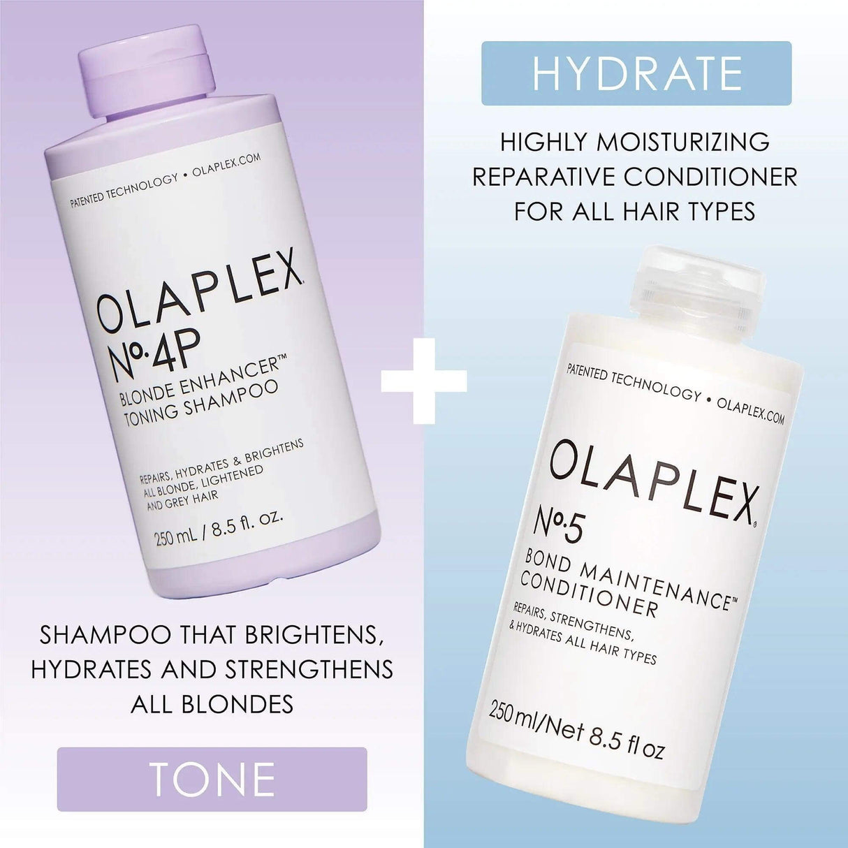 Blonde Maintenance System featuring Olaplex Nº.4P Toning Shampoo and Nº.5 Conditioner for brightening and hydrating hair.