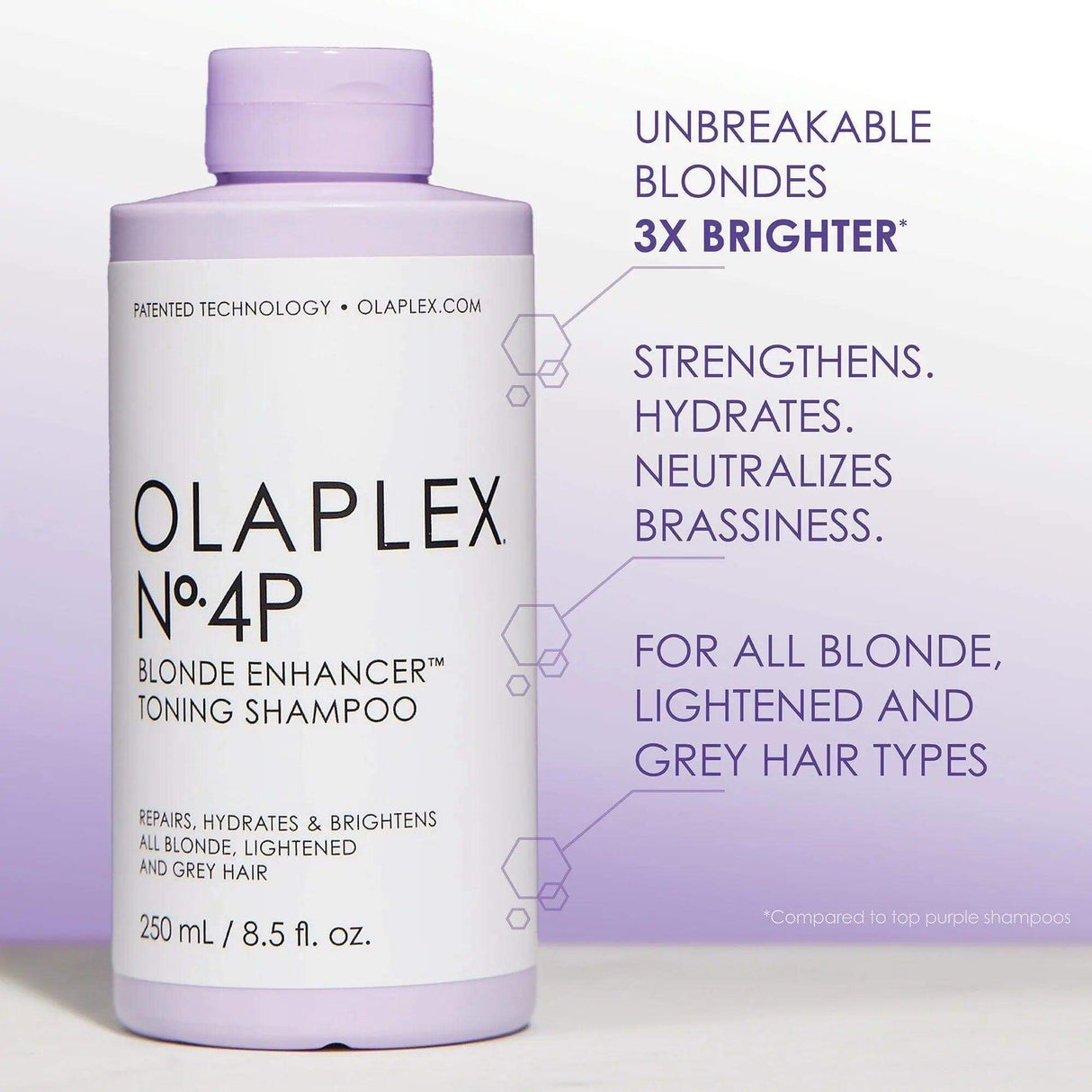 Olaplex No.4P Blonde Enhancer Toning Shampoo for unbreakable, brighter blonde, lightened, and grey hair types. 250 ml bottle.