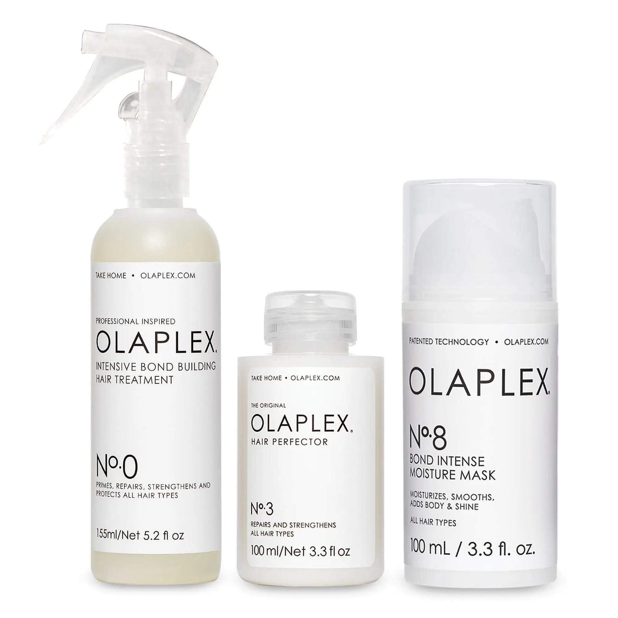 The Bond Treatment System: Nº.0, Nº.3, and Nº.8 hair repair and moisture products for strengthening and smoothness.