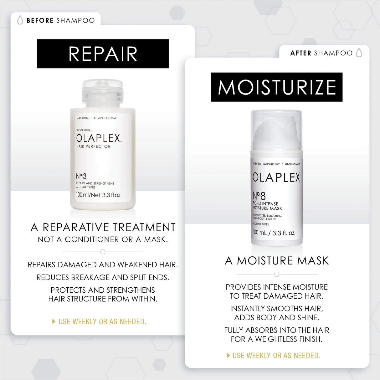 Olaplex Nº.3 and Nº.8 hair treatment products for repairing damage and moisturizing, featuring instructions for weekly or as-needed use.