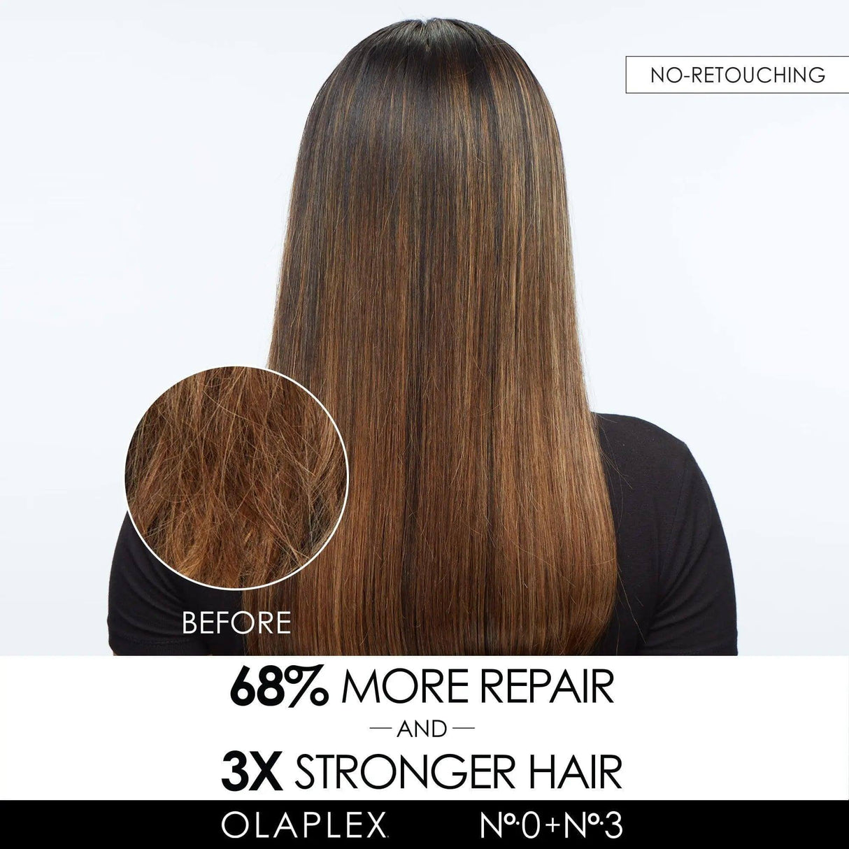 Before and after image showing hair repair using The Bond Treatment System, with 68% more repair and 3x stronger hair results.