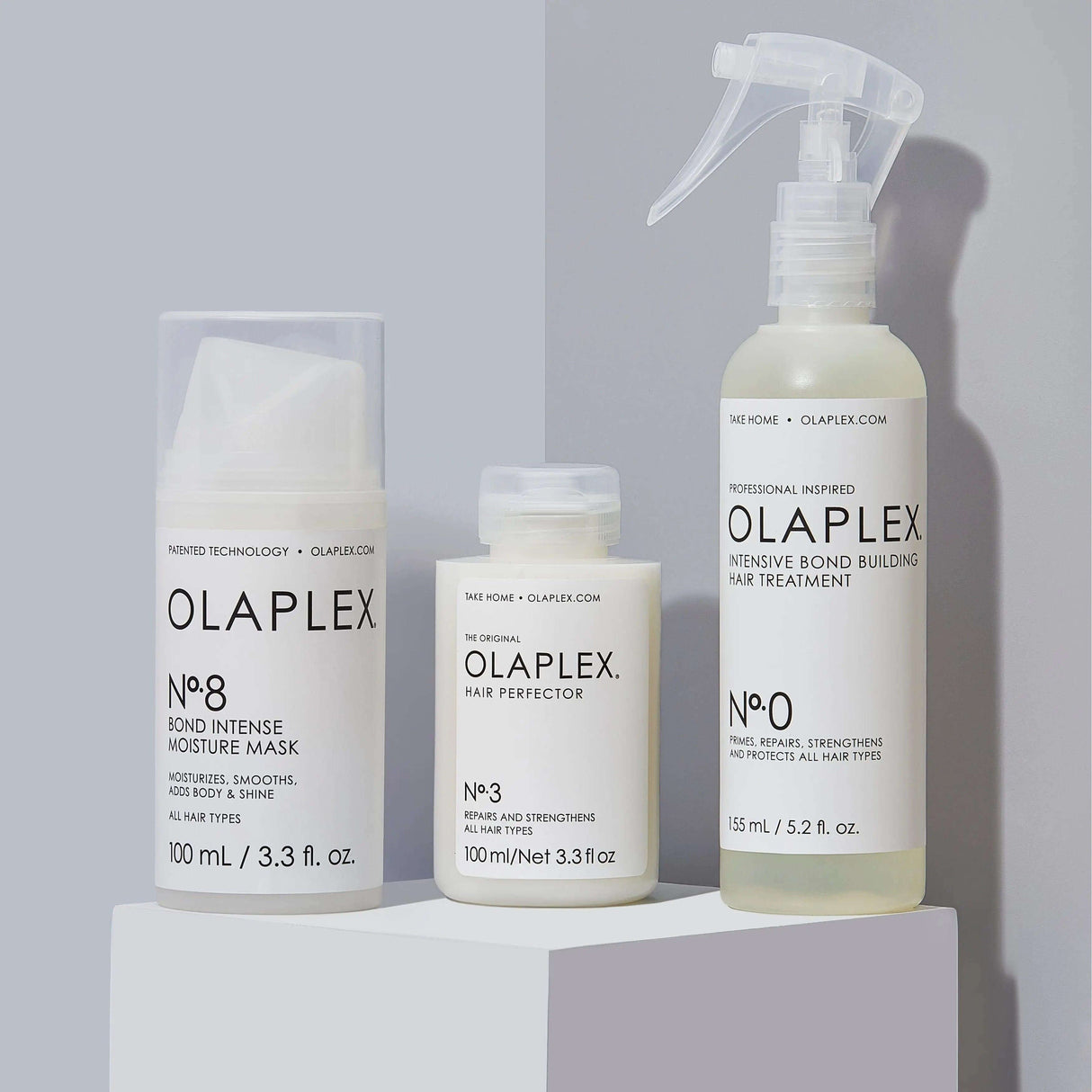 Olaplex Bond Treatment System featuring No.0, No.3, and No.8 for effective hair repair, moisture, and strength enhancement.