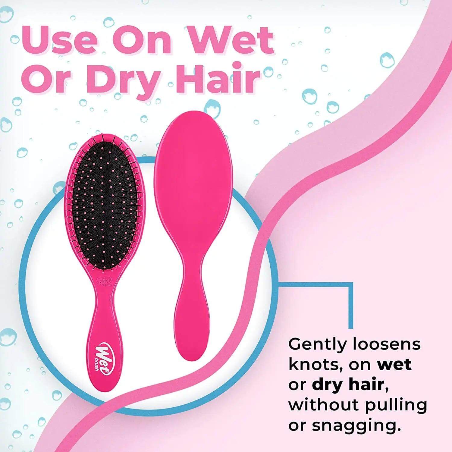 Pink Wet Brush detangler for wet or dry hair, featuring Intelliflex bristles for painless styling, shown with text description.