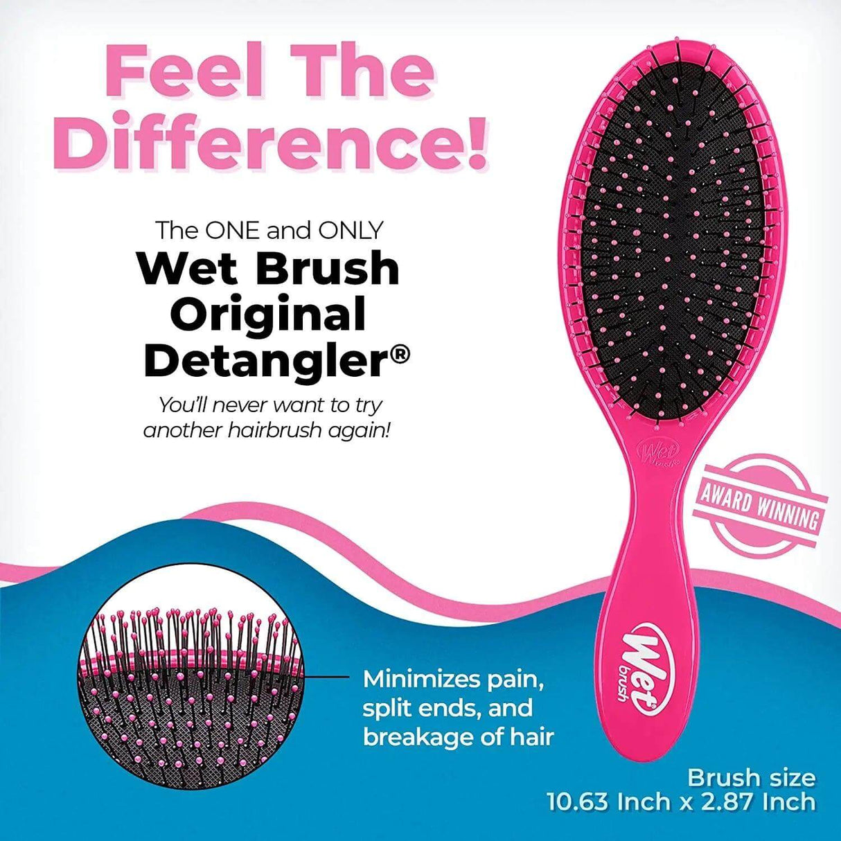 Wet Brush Original Detangler in pink with flexible bristles, designed to painlessly detangle all hair types, wet or dry.