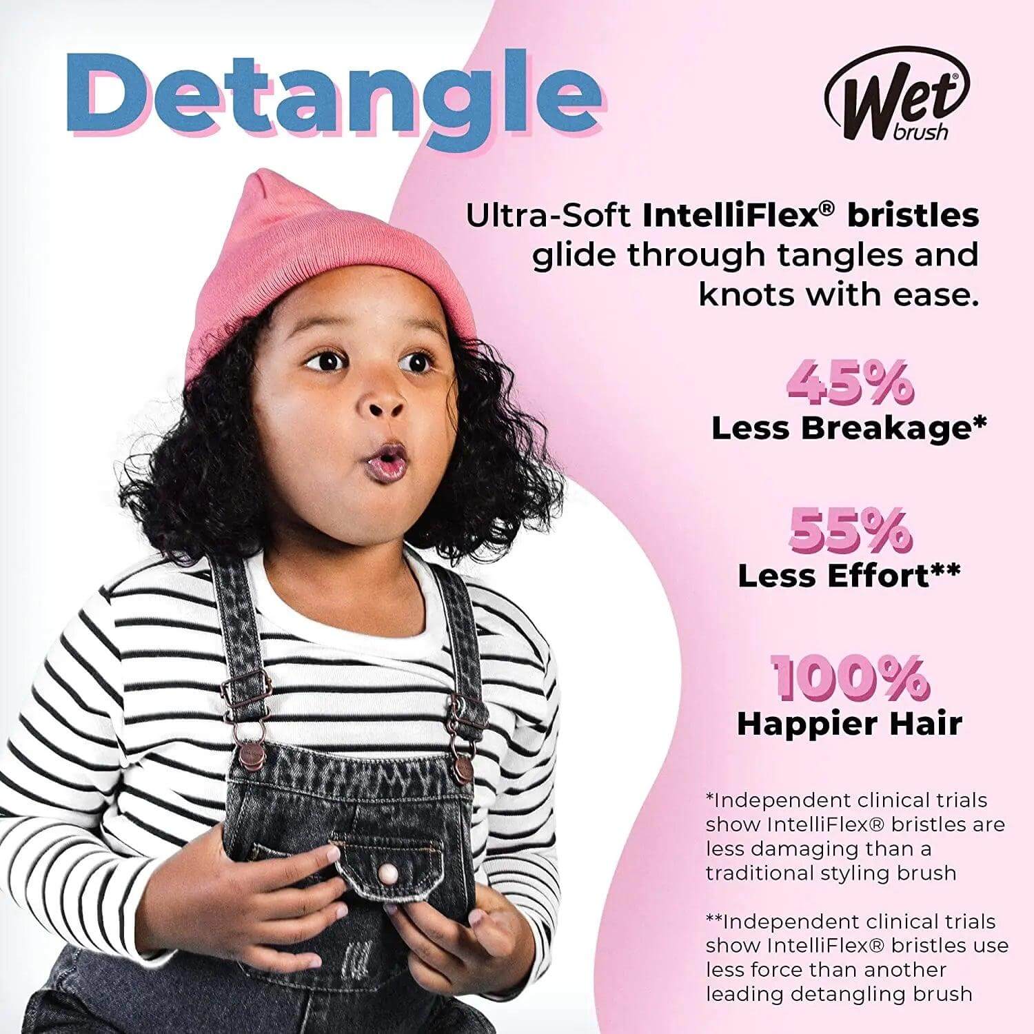 Child with curly hair uses The Original Detangler brush, showcasing benefits from IntelliFlex bristles: less breakage, effort, and happier hair.