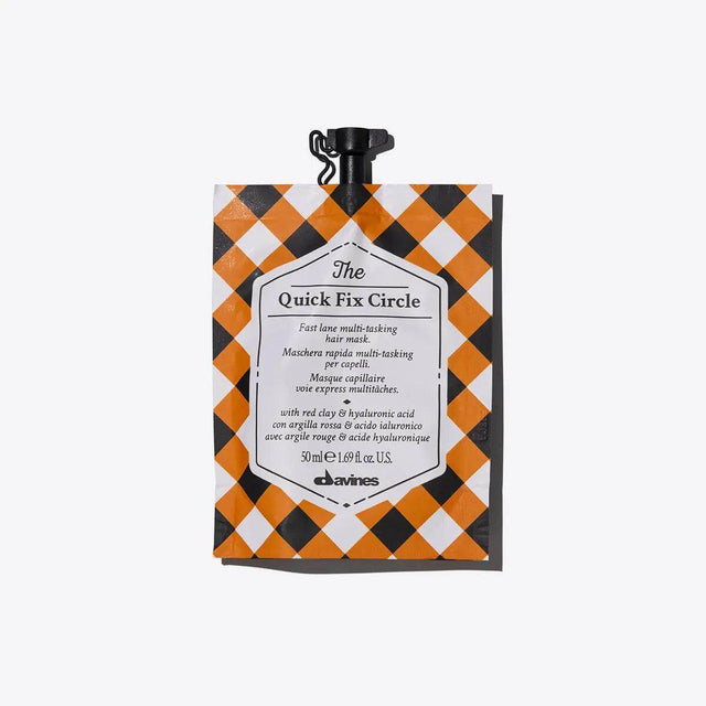 Davines Quick Fix Circle hair mask packaging with black and orange design, 50ml. Instant hydration and detangling for all hair types.