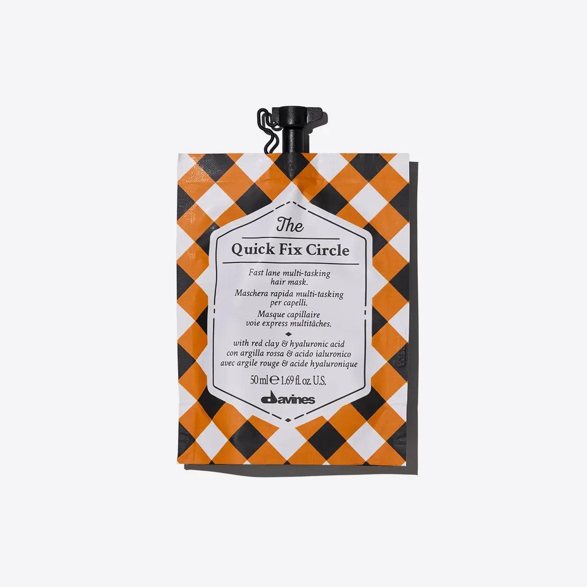 Davines Quick Fix Circle Hair Mask in orange checkered packaging, 50ml, hydrates and detangles hair in 3 minutes, for all hair types.