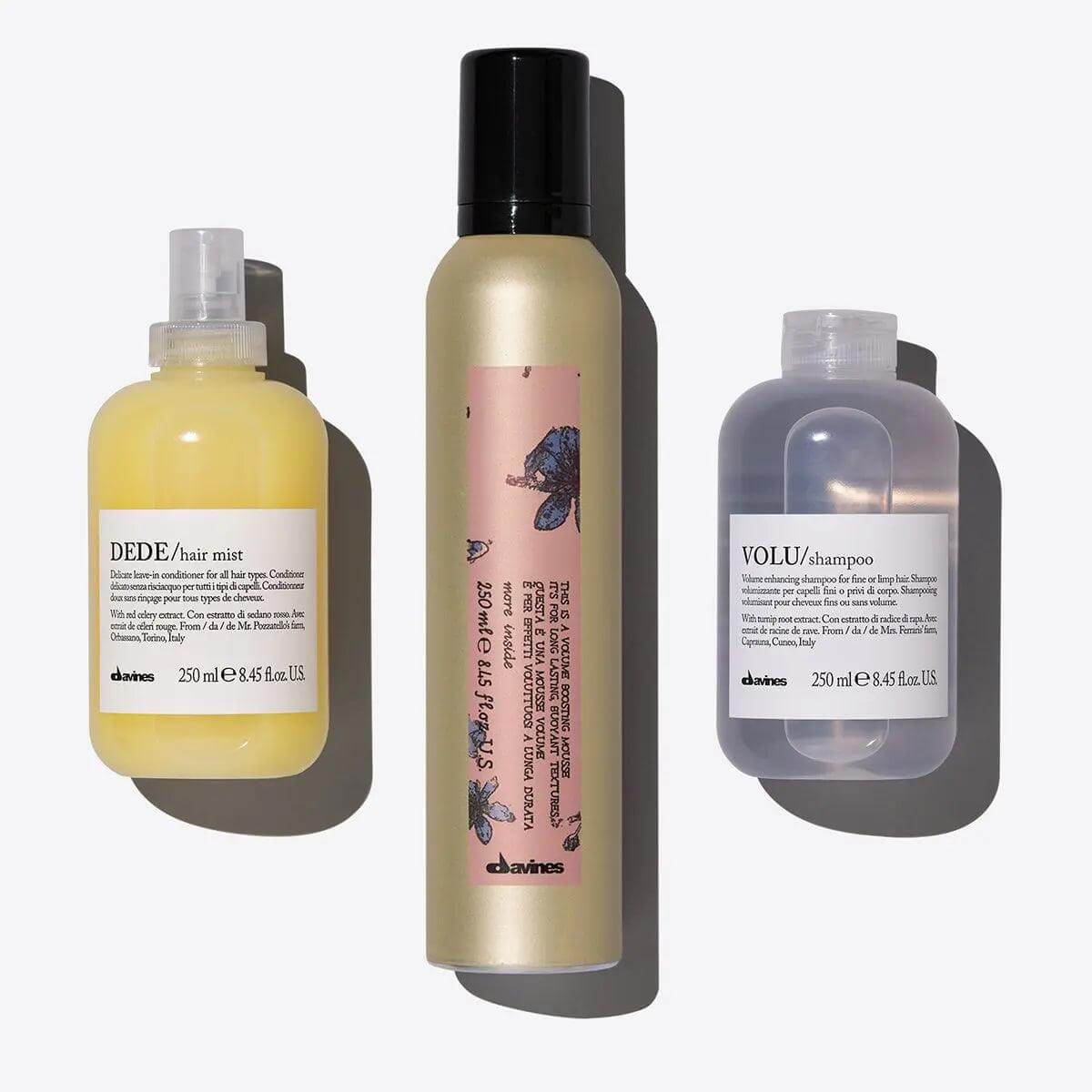 The Soft Volume Set with VOLU Shampoo, DEDE Hair Mist, and Volume Boosting Mousse for perfect hair volume.