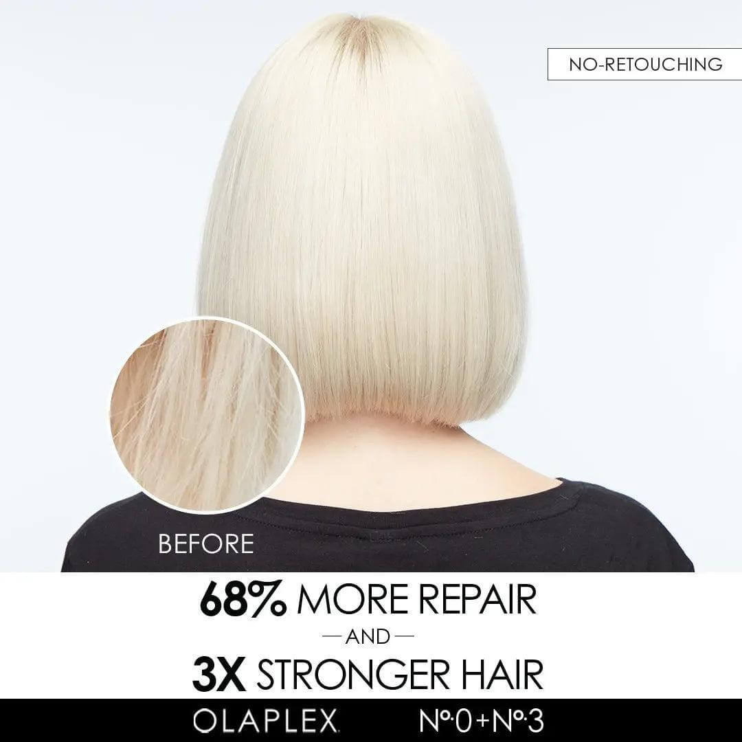 Before and after results of hair repair using the Ultimate Repair Kit, showing 68% more repair and 3x stronger hair.
