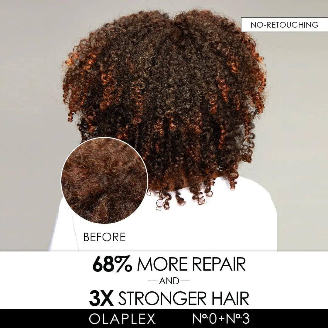 Curly hair after using Olaplex No.0 and No.3, showing 68% more repair and 3x stronger hair, with before and after comparison.