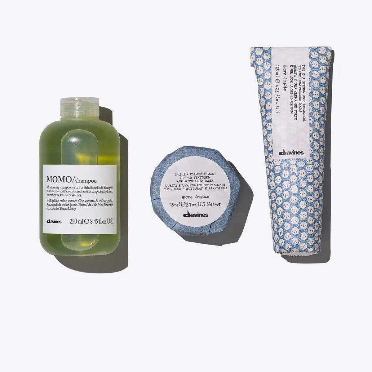 Alt Tag: The Workable Texture Set with MOMO Shampoo, Forming Pomade, and Strong Hold Gel for styling short hair.