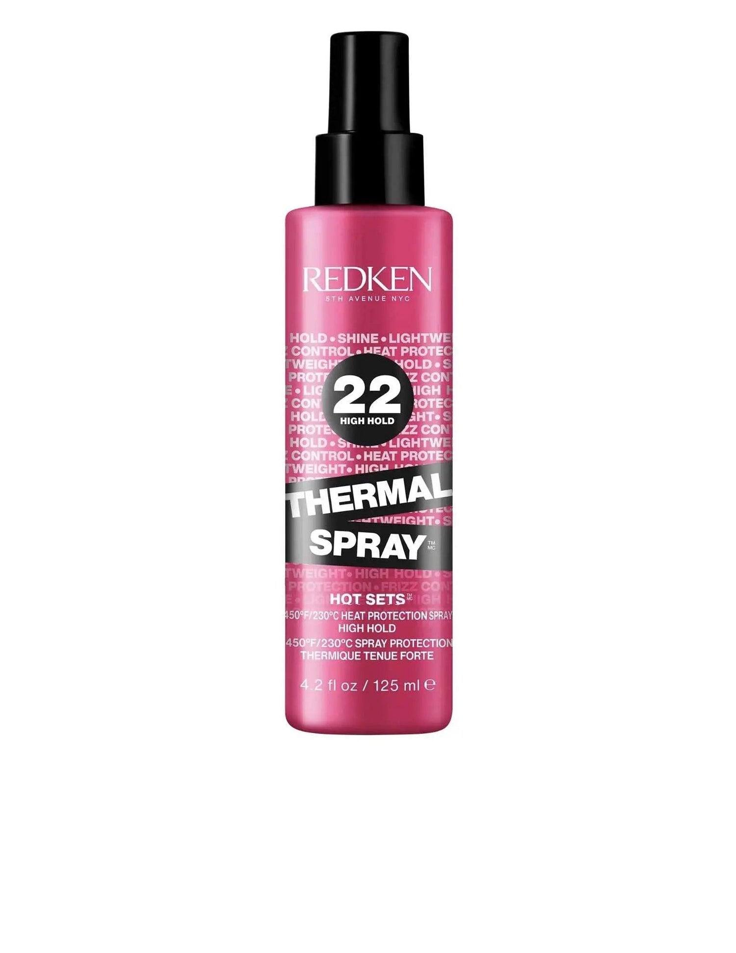 Redken Thermal Spray 22 High Hold bottle for heat protection and strong hold during styling, suitable for all hair types and textures.