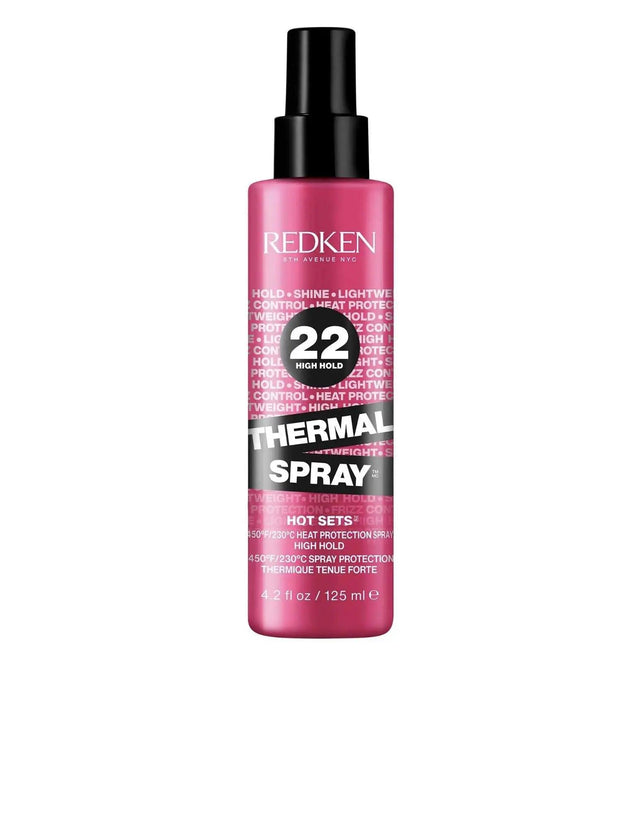 Redken Thermal Spray 22 High Hold bottle for heat protection and strong hold during styling, suitable for all hair types and textures.