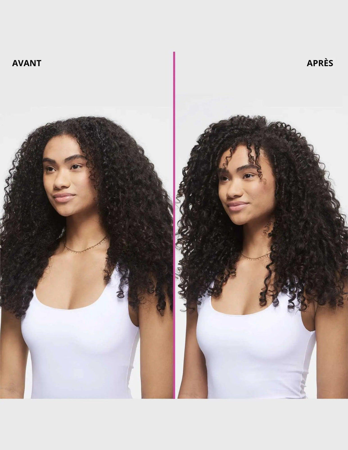 Before and after image showing hair volume increase using Redken Thermal Spray 22 on curly hair.