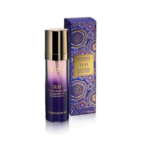 Bottle and box of 75-15 Precious Lotion with concentrated blueberry water, amethyst, and hyaluronic acid, 125ml.