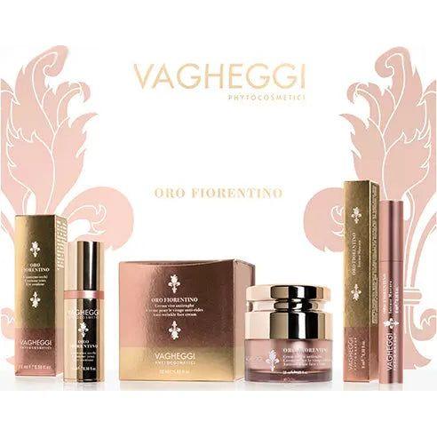 Trio Oro Fiorentino set including anti-wrinkle face cream, eye contour serum, and intense mascara by Vagheggi.