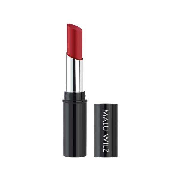 Malu Wilz True Matt Lipstick in vibrant red, featuring luxurious matte finish for an elegant look, shown with cap off.