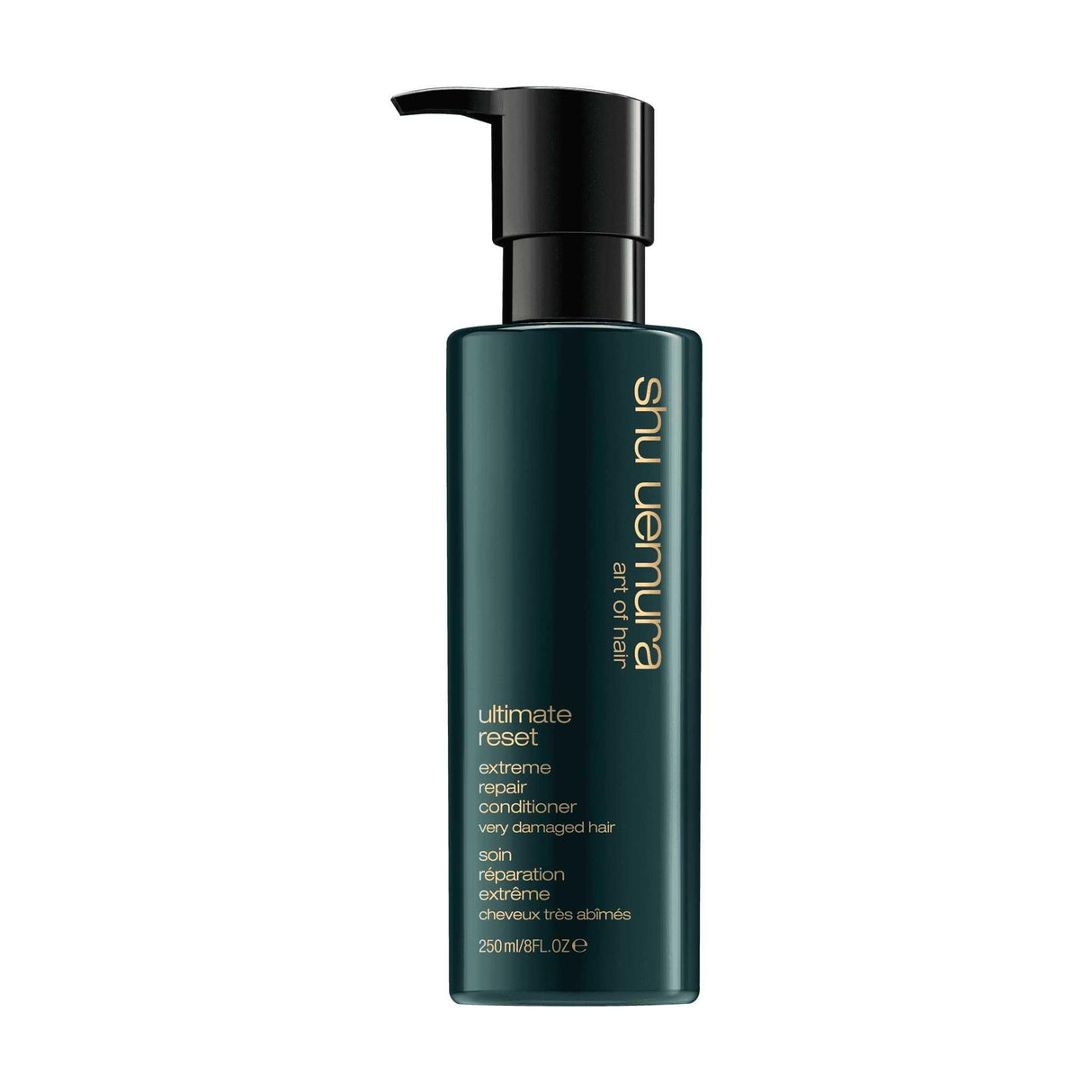 Shu Uemura Ultimate Reset Conditioner bottle for severely damaged hair, offering deep nourishment and repair for all hair textures.