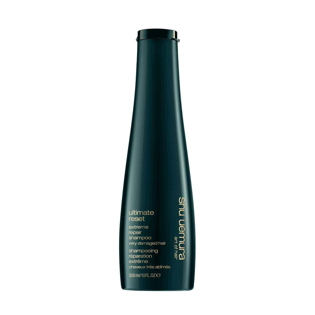Shu Uemura Ultimate Reset Shampoo for severely damaged hair in a sleek bottle, ideal for all hair textures and chemical treatments.