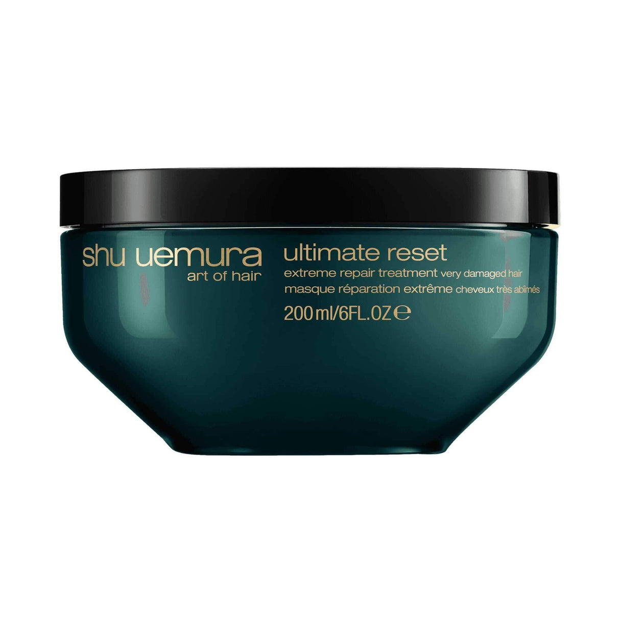 Shu Uemura Ultimate Reset Treatment for severely damaged hair in a 200ml jar, offering hydration and repair benefits.