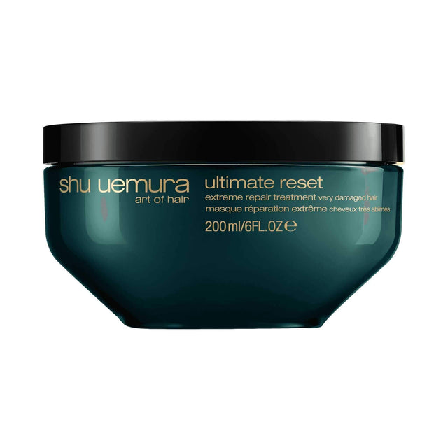 Shu Uemura Ultimate Reset Treatment for severely damaged hair in a 200ml jar, offering hydration and repair benefits.