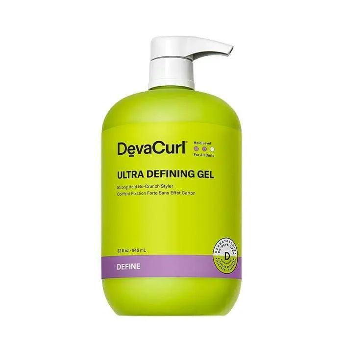 DEVACURL Ultra Defining Gel Strong Hold No-Crunch Styler bottle for flexible curl definition, anti-frizz, and enhanced shine.