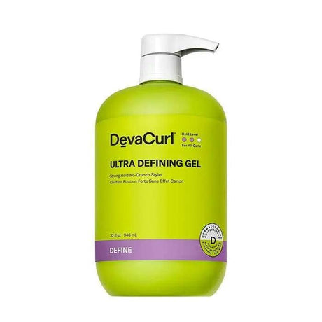 DEVACURL Ultra Defining Gel Strong Hold No-Crunch Styler bottle for flexible curl definition, anti-frizz, and enhanced shine.