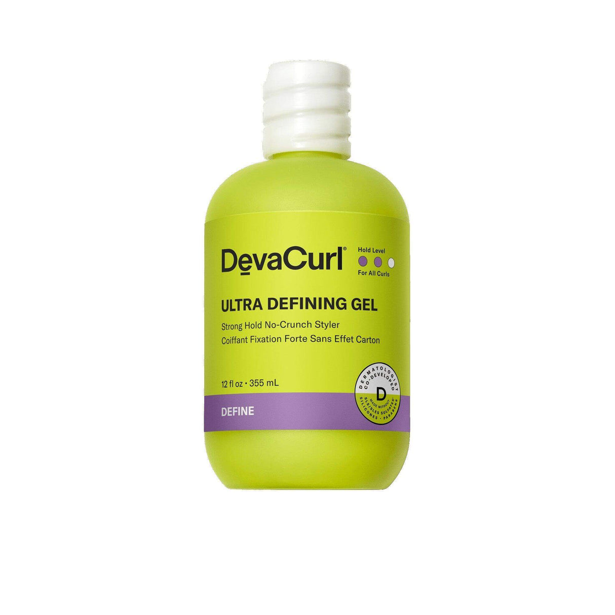 DEVACURL Ultra Defining Gel Strong Hold No-Crunch Styler for flexible curls in a green bottle, 12oz size.