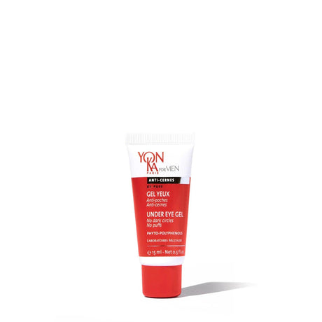 Under Eye Gel tube with natural ingredients, reduces puffiness and dark circles, contains Arnica and polyphenols for revitalized eyes.