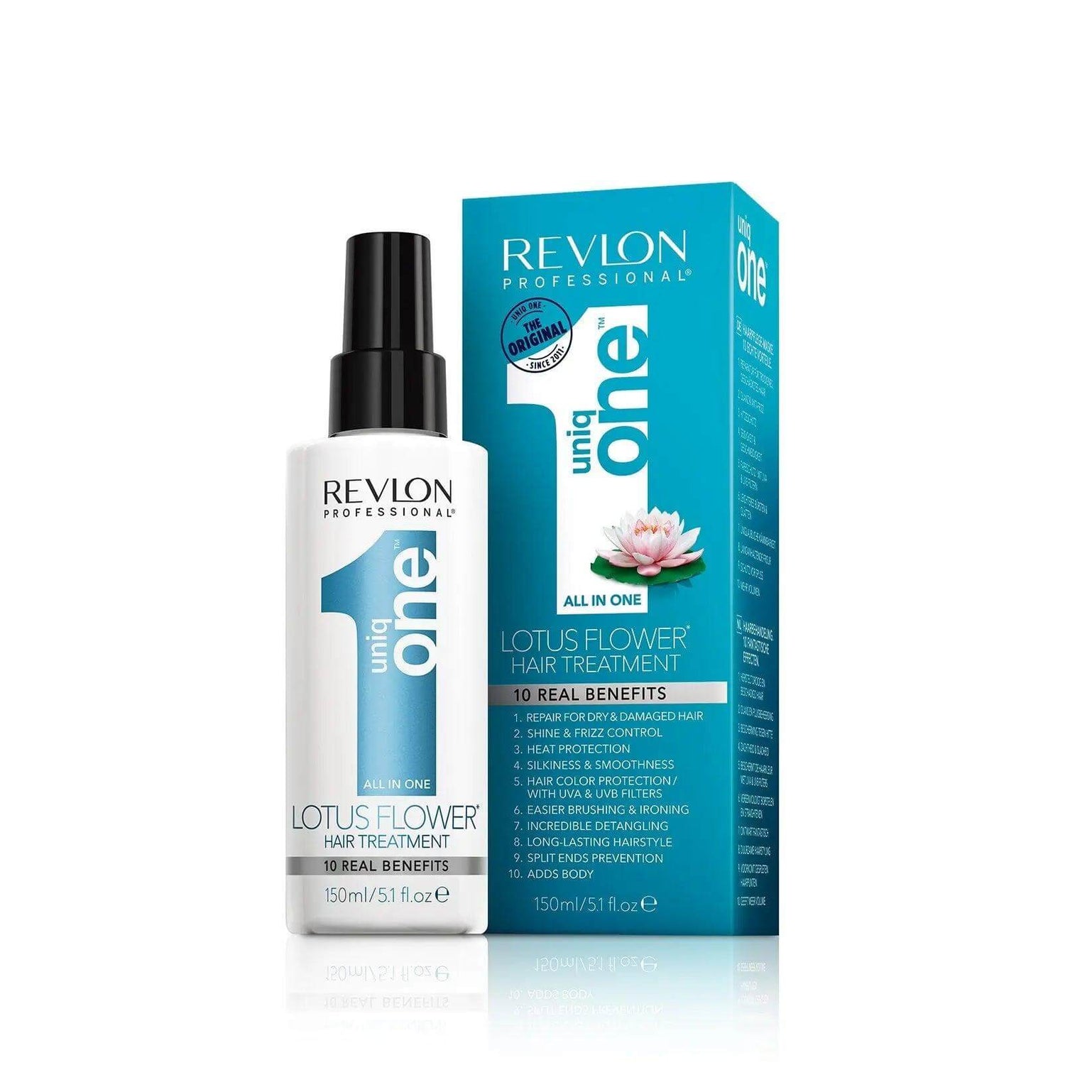 Revlon Uniq One Lotus Flower Leave-In Hair Treatment Bottle and Box