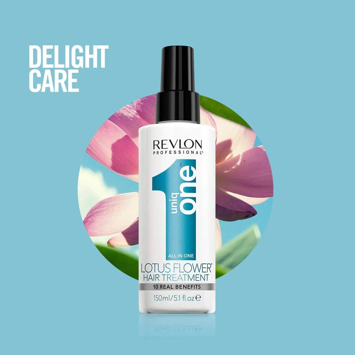 Revlon Uniqone Hair Treatment Lotus Flower Scent, leave-in treatment with 10 benefits, 150ml bottle.