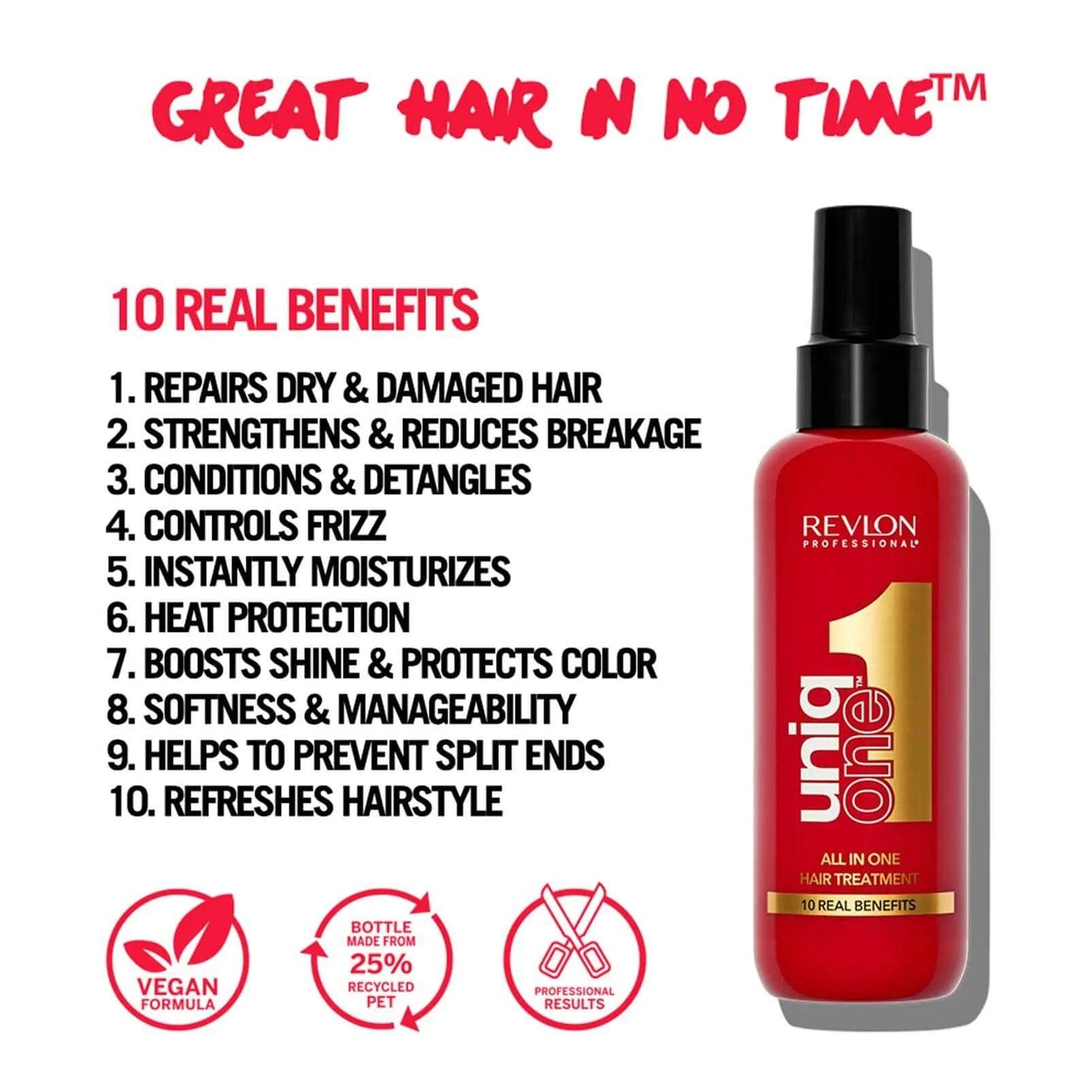 UniqOne Hair Treatment bottle with text highlighting 10 benefits: repairs, strengthens, detangles, controls frizz, moisturizes, and more.