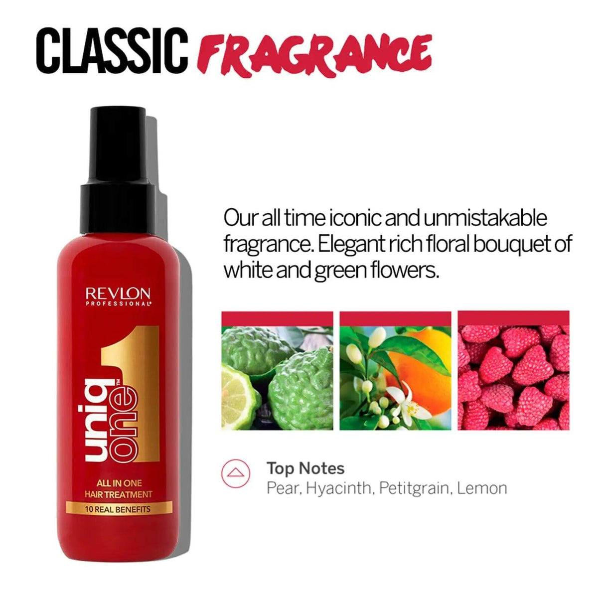 Uniqone Hair Treatment featuring classic fragrance with notes of pear, hyacinth, petitgrain, and lemon. All-in-one hair care.