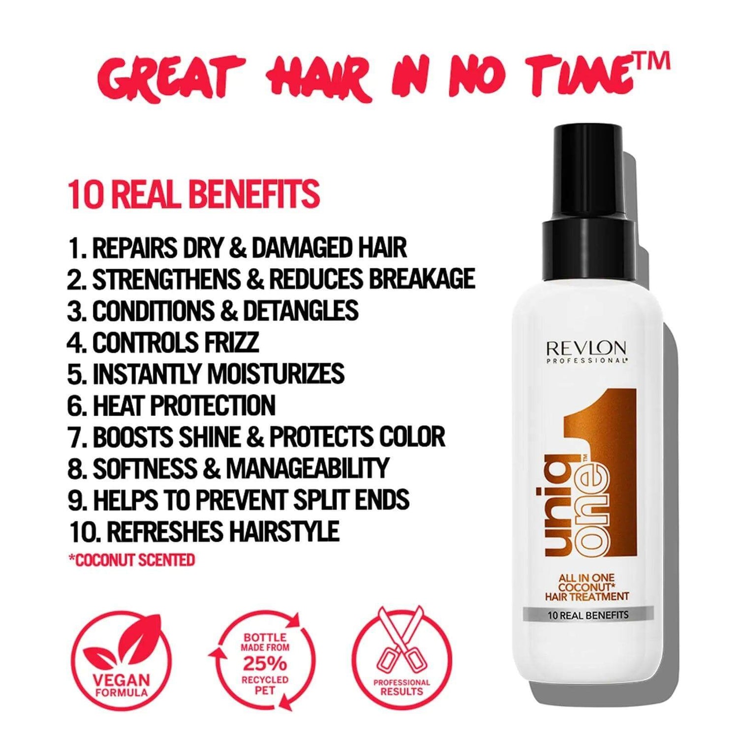 Uniqone™ Coconut Fragrance Leave-In Hair Treatment displaying 10 benefits: Repair, Strengthen, Detangle, Frizz Control, Moisturize, and more.