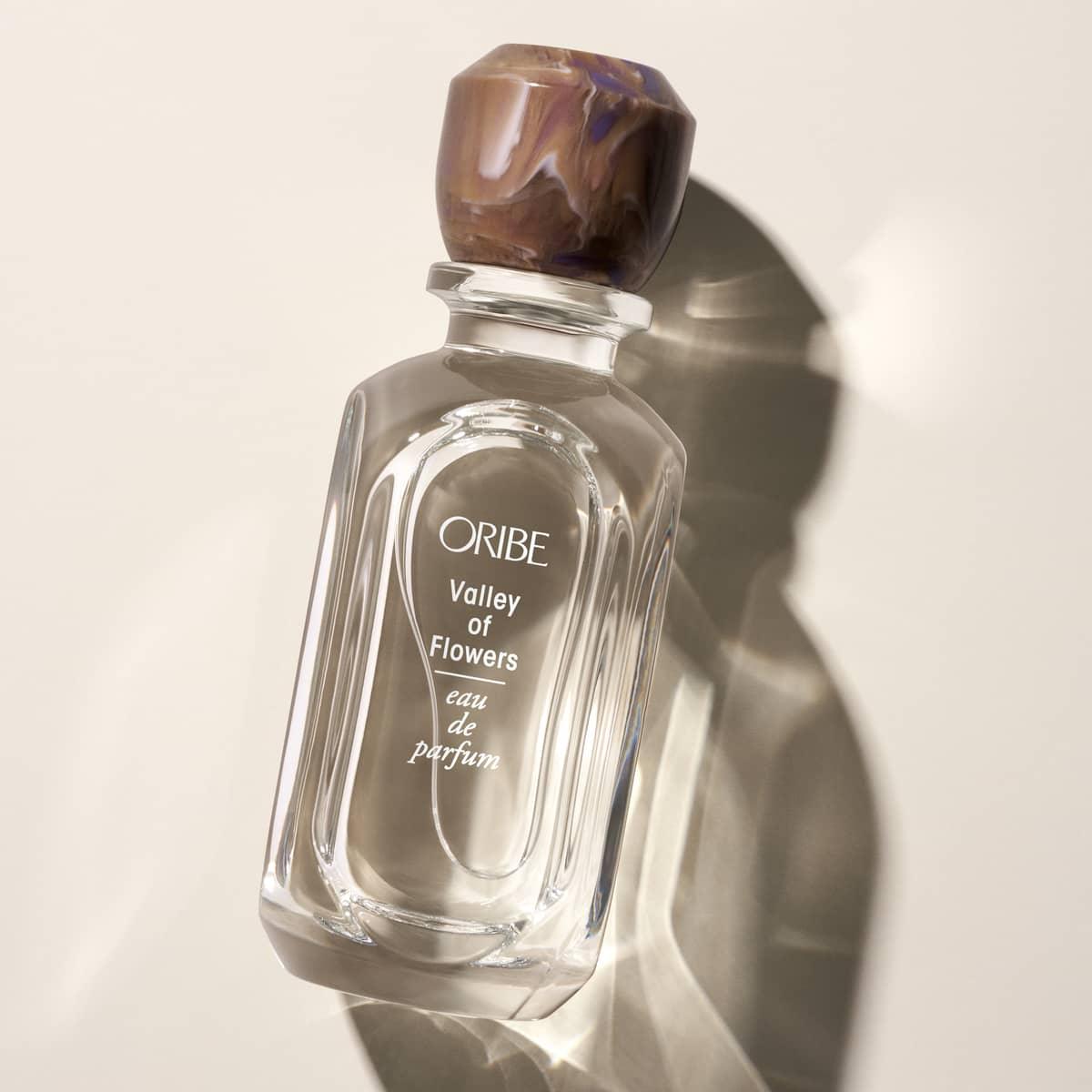 Valley of Flowers Eau De Parfum bottle with a marbled cap, capturing the essence of Bulgarian rose, jasmine, and warm amber.