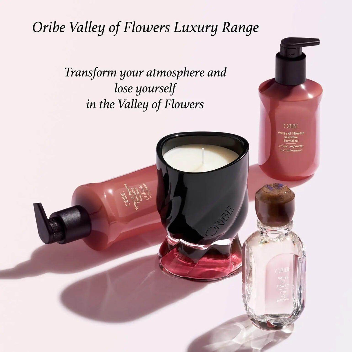 Oribe Valley of Flowers luxury scented candle and fragrance range with elegant packaging.