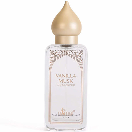 Alt Tag: Vanilla Musk Eau De Parfum Spray bottle with gold cap, featuring sweet and musky fragrance notes, and eco-friendly packaging.