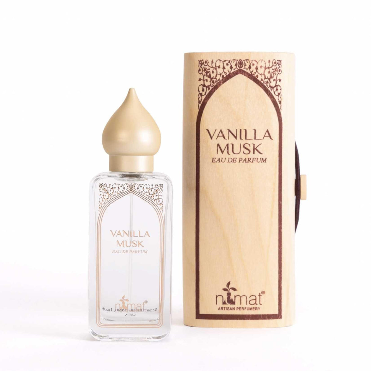 Vanilla Musk Eau De Parfum Spray bottle with eco-friendly packaging, featuring sweet vanilla and soft musk fragrance notes.