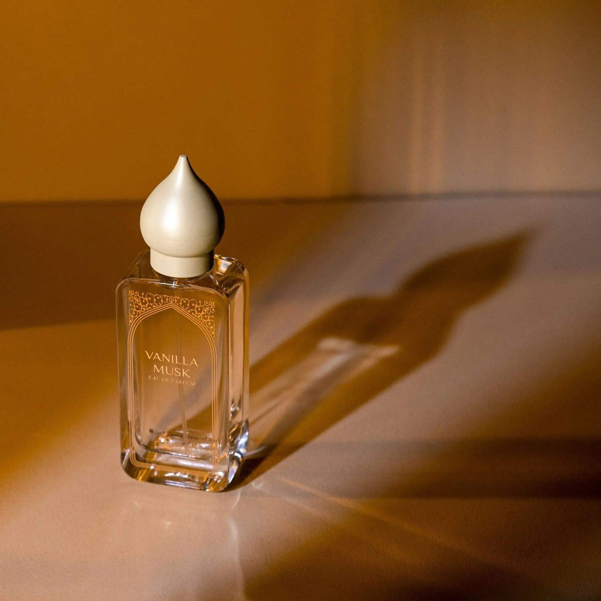 Vanilla Musk Eau De Parfum Spray bottle with eco-friendly packaging, featuring a sweet vanilla and warm musk aroma.